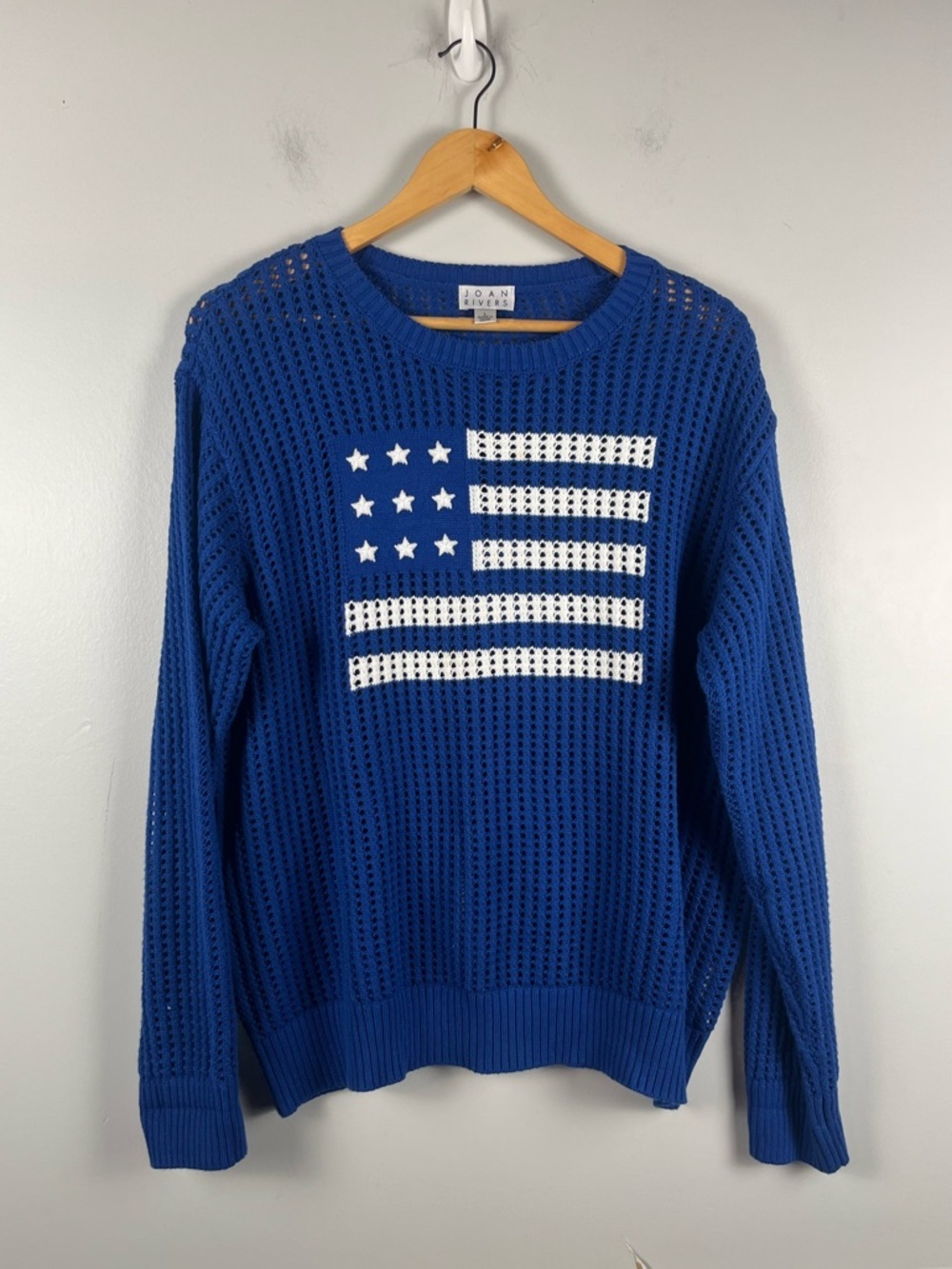 Joan Rivers Blue Cut Away FLAG USA Patriotic Knit Pullover Sweater Size L Cotton